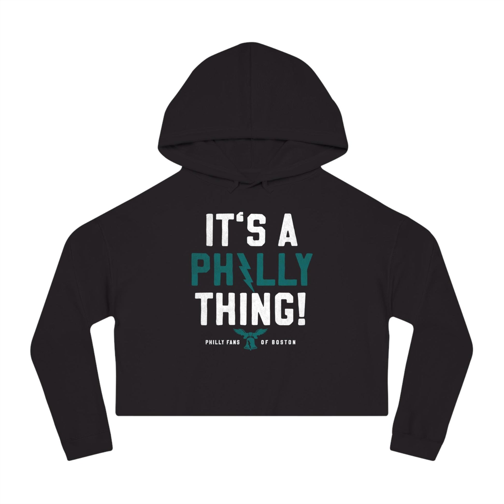 Black cropped graphic hoodie featuring It's A Philly Thing text with a bell icon in white and teal print.