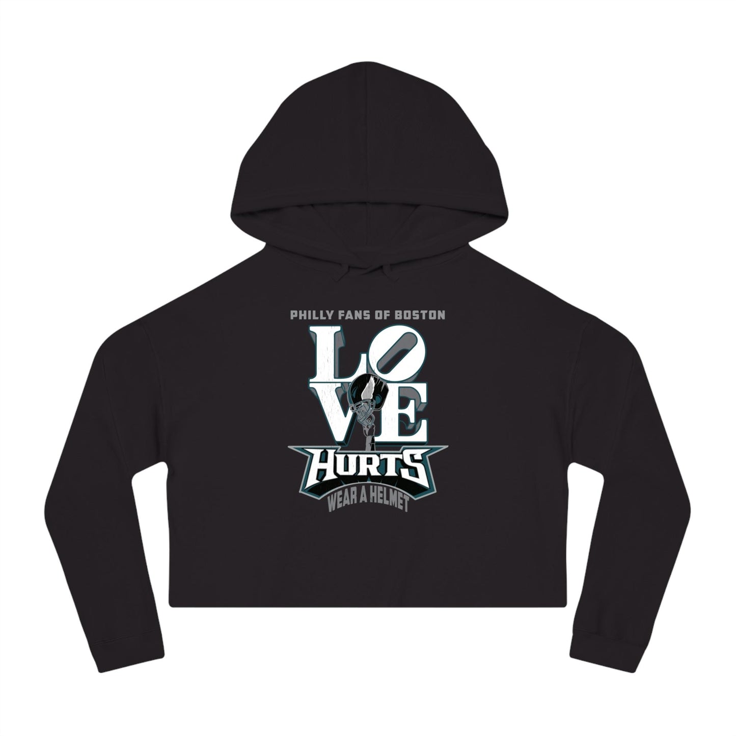 Black crop graphic hoodie featuring Love Hurts text and a football helmet design on soft cotton-blend fleece.