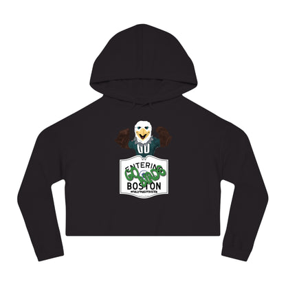 Black cotton-blend cropped hoodie featuring a Swoops eagle graphic and Entering Boston sign print.