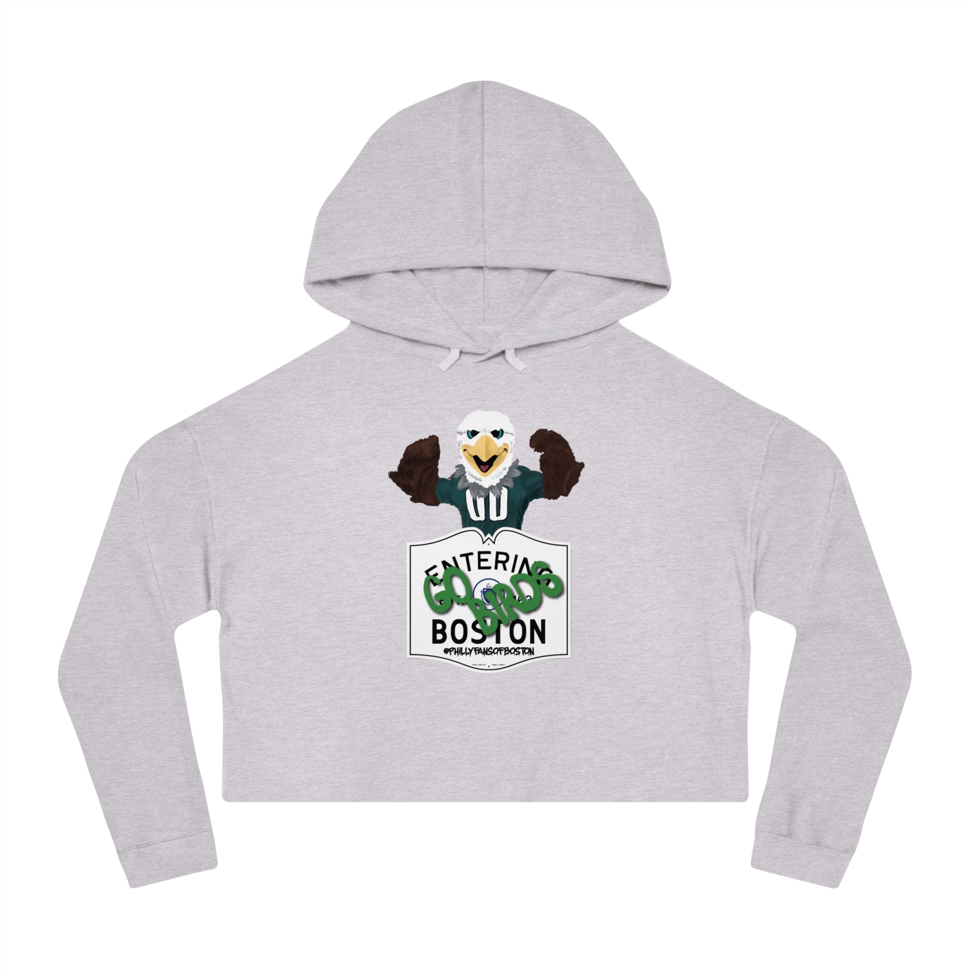 Heather gray cropped hoodie featuring a graphic of an eagle mascot above an Entering Boston sign.