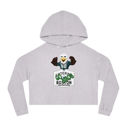 Heather gray cropped hoodie featuring a graphic of an eagle mascot above an Entering Boston sign.