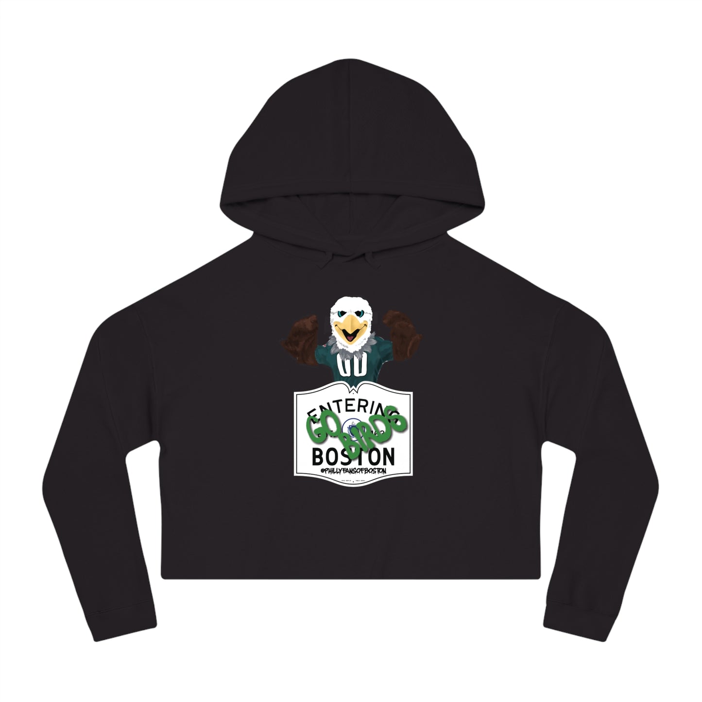 Black cropped hoodie featuring a Swoops eagle graphic and Entering Boston sign design.