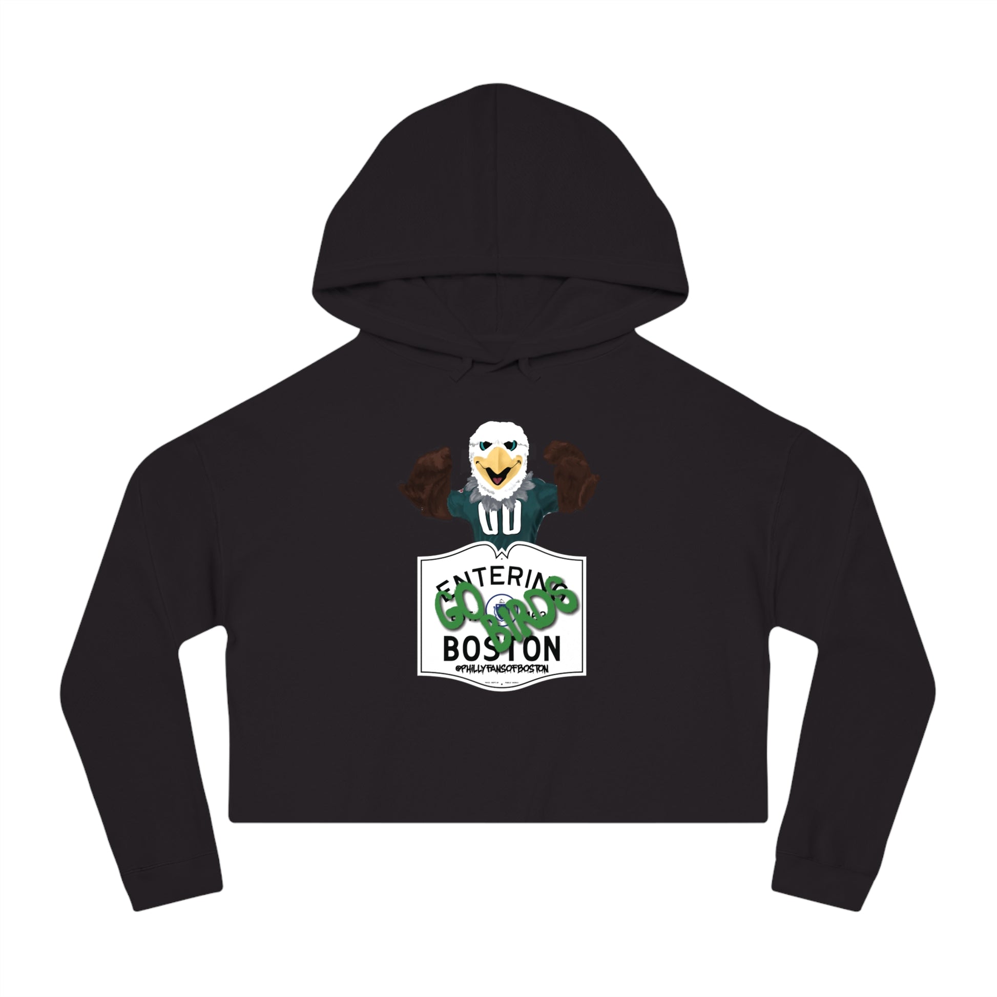 Black cropped hoodie featuring a Swoops eagle graphic and Entering Boston sign design.