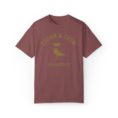 Relaxed-fit maroon garment-dyed cotton t-shirt featuring a gold Crown & Crow logo and Washington DC text.