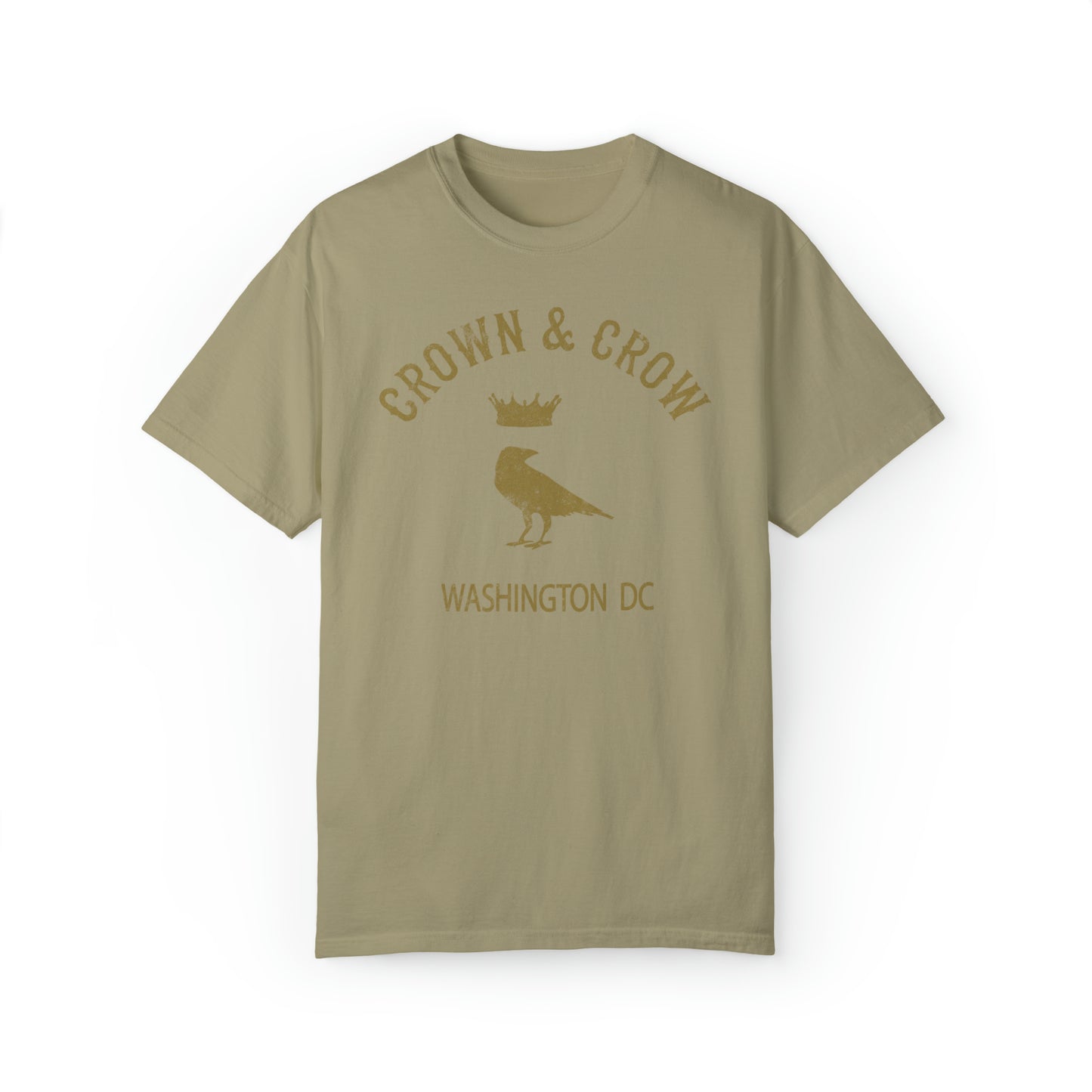 Olive green heavy cotton relaxed-fit T-shirt featuring a gold Crown & Crow Washington DC logo graphic.