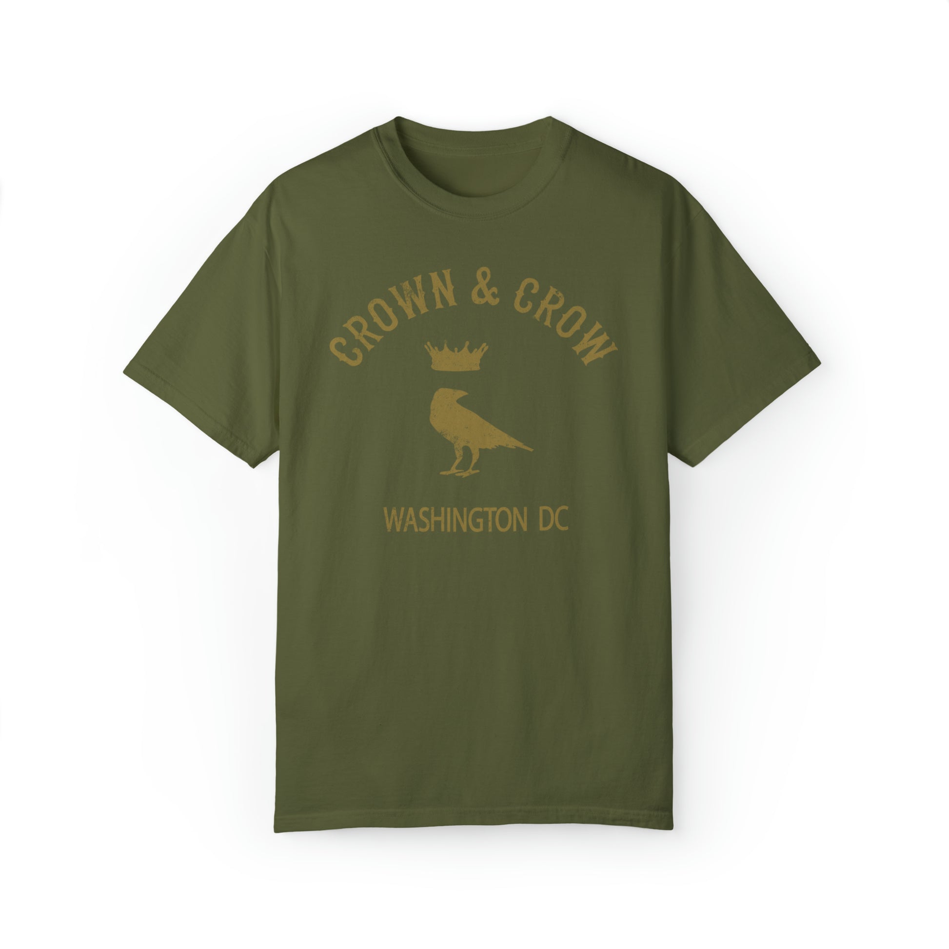 Olive green relaxed-fit cotton t-shirt featuring a distressed gold Crown & Crow logo with a raven graphic.