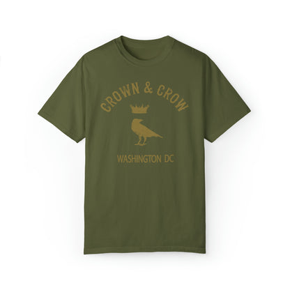 Olive green relaxed-fit cotton t-shirt featuring a distressed gold Crown & Crow logo with a raven graphic.