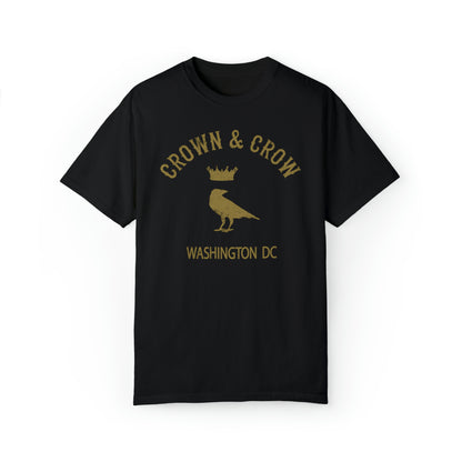 Black heavy cotton relaxed fit t-shirt featuring a gold Crown & Crow Washington DC logo graphic.