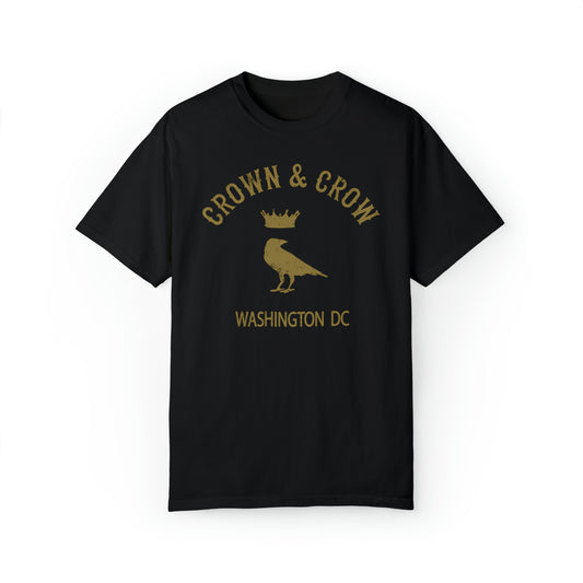 Black heavy cotton relaxed fit t-shirt featuring a gold Crown & Crow Washington DC logo graphic.