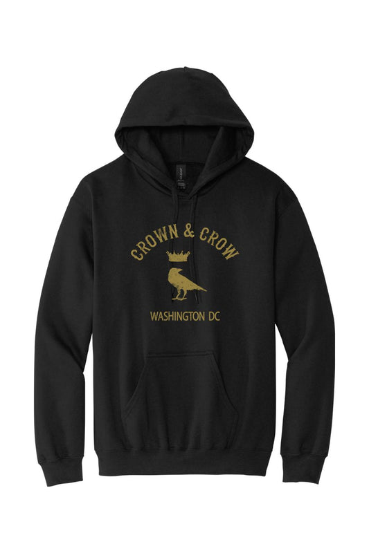 Black Crown & Crow unisex hooded sweatshirt with a gold crow and crown logo graphic and Washington DC text.