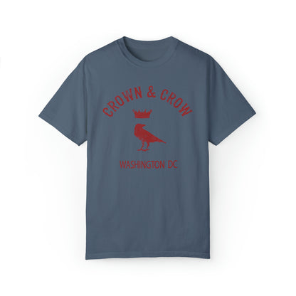 Blue heavy cotton relaxed-fit t-shirt featuring a distressed red Crown & Crow Washington DC logo graphic.
