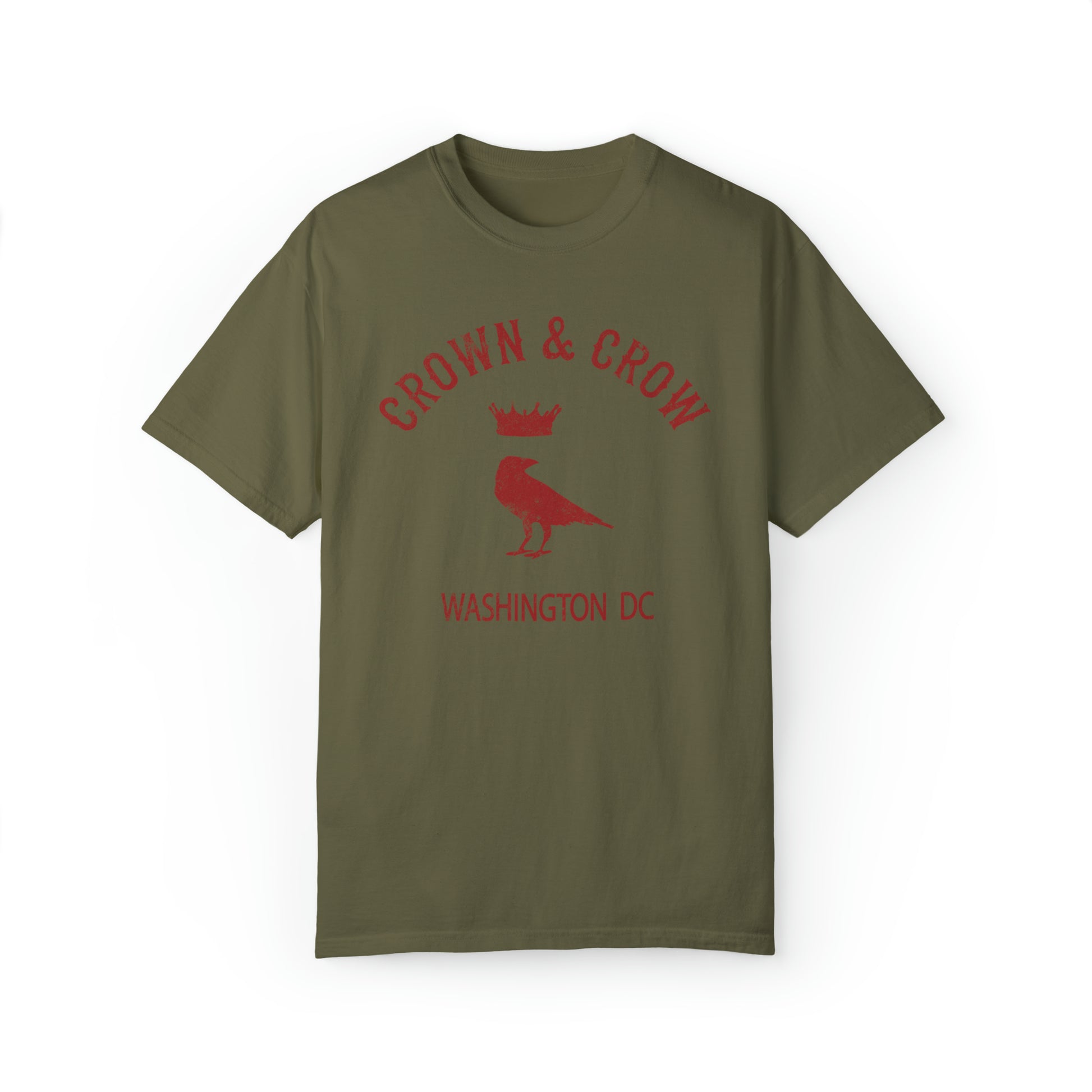 Olive green relaxed-fit cotton t-shirt featuring a distressed red Crown & Crow logo with a bird graphic.