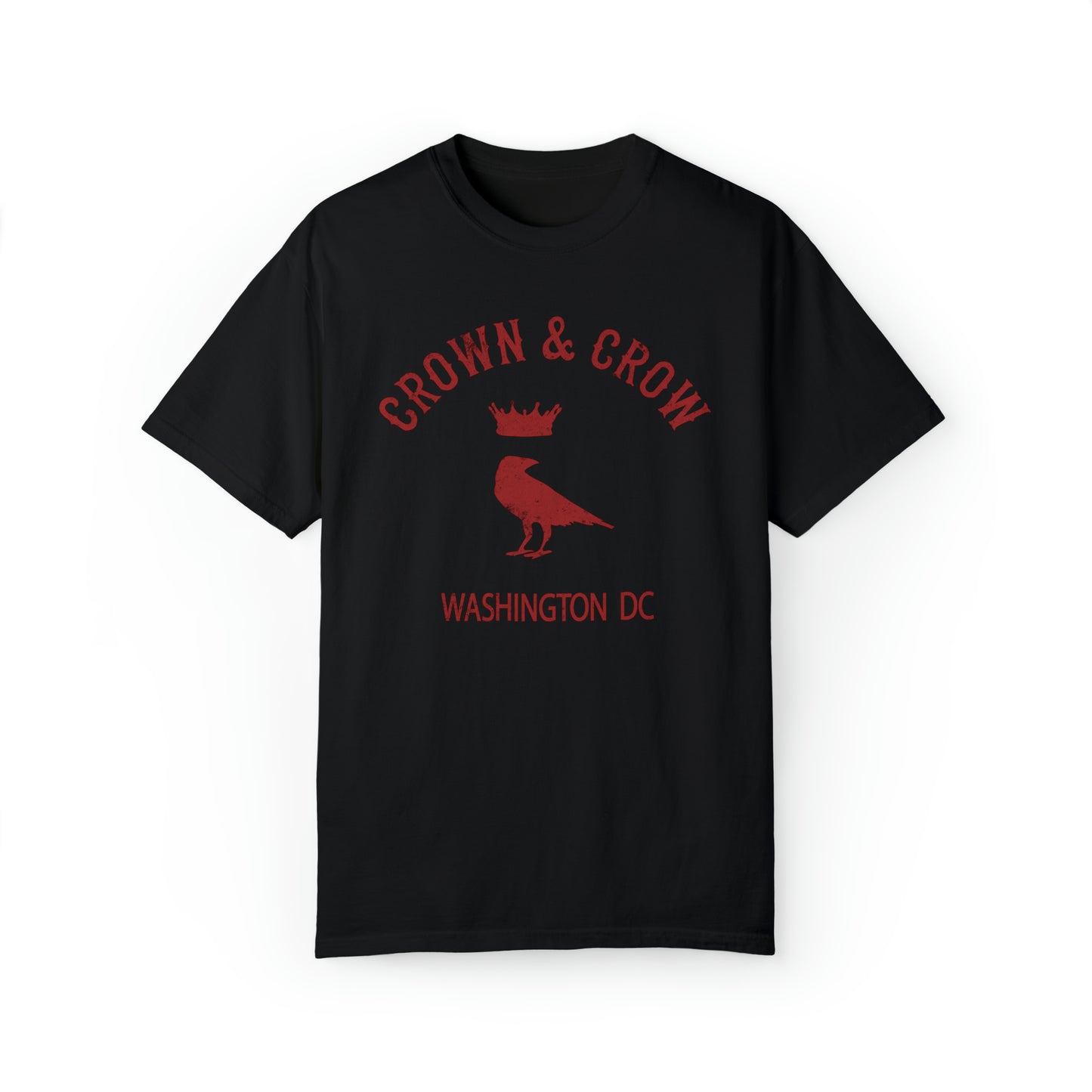 Black heavy cotton relaxed-fit t-shirt featuring a distressed red Crown & Crow logo and Washington DC text.