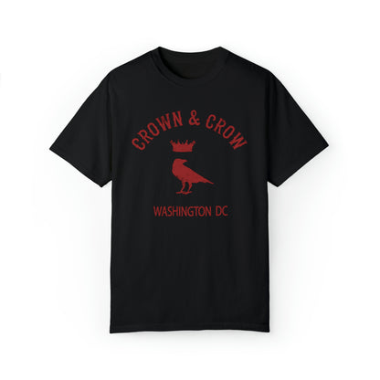 Black heavy cotton relaxed-fit t-shirt featuring a distressed red Crown & Crow logo and Washington DC text.