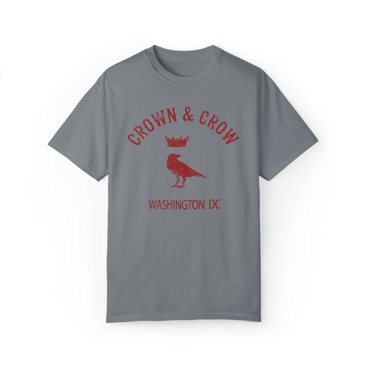 Grey relaxed-fit cotton t-shirt featuring a distressed red Crown & Crow logo with a bird icon and Washington DC text.