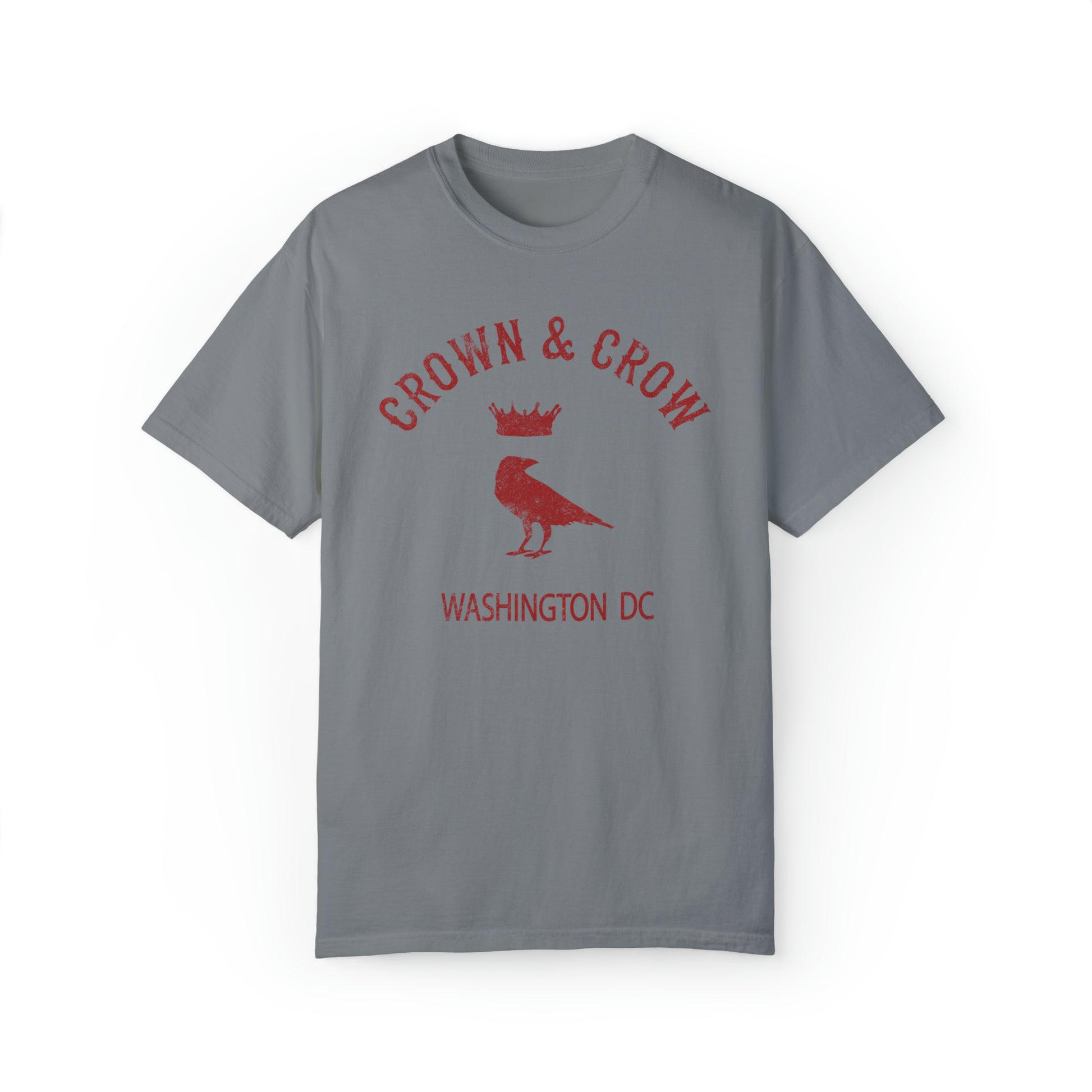 Grey relaxed-fit cotton t-shirt featuring a distressed red Crown & Crow logo with a bird icon and Washington DC text.