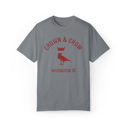 Grey relaxed-fit cotton t-shirt featuring a distressed red Crown & Crow logo with a bird icon and Washington DC text.