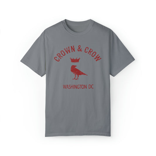 Grey relaxed-fit cotton t-shirt featuring a distressed red Crown & Crow logo with a bird icon and Washington DC text.
