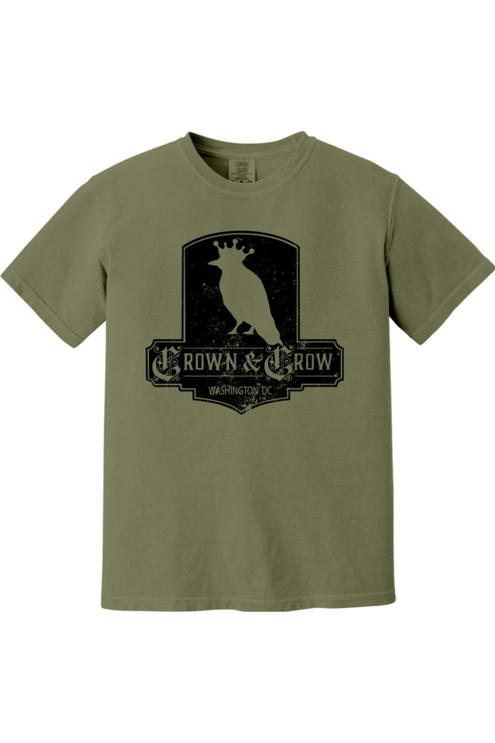 Olive green garment-dyed cotton t-shirt featuring a black distressed Crown & Crow graphic logo on the chest.