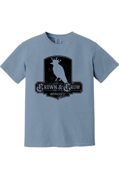 Blue garment-dyed cotton t-shirt with a black distressed Crown & Crow Washington DC graphic print.