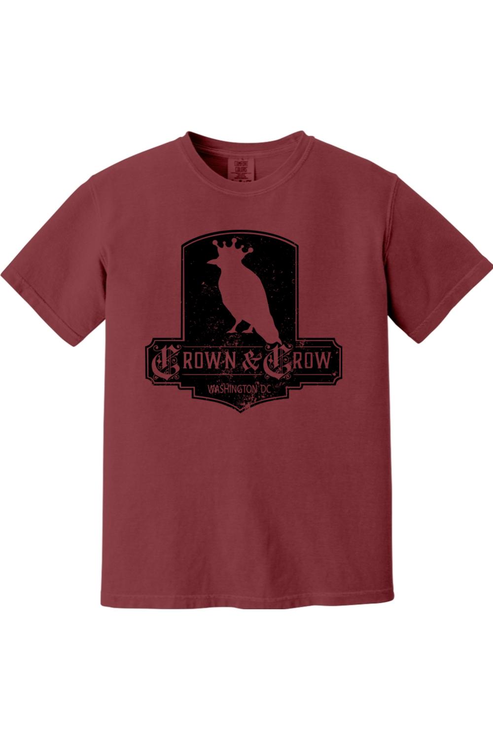 Maroon garment-dyed cotton t-shirt featuring a black distressed Crown & Crow Washington DC graphic print.