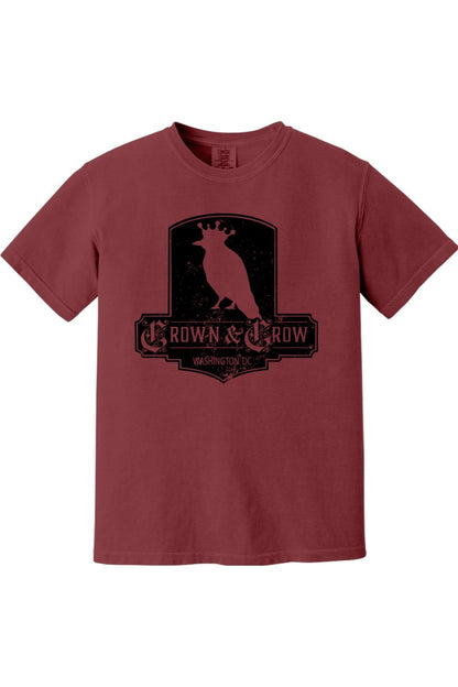Maroon garment-dyed cotton t-shirt featuring a black distressed Crown & Crow Washington DC graphic print.