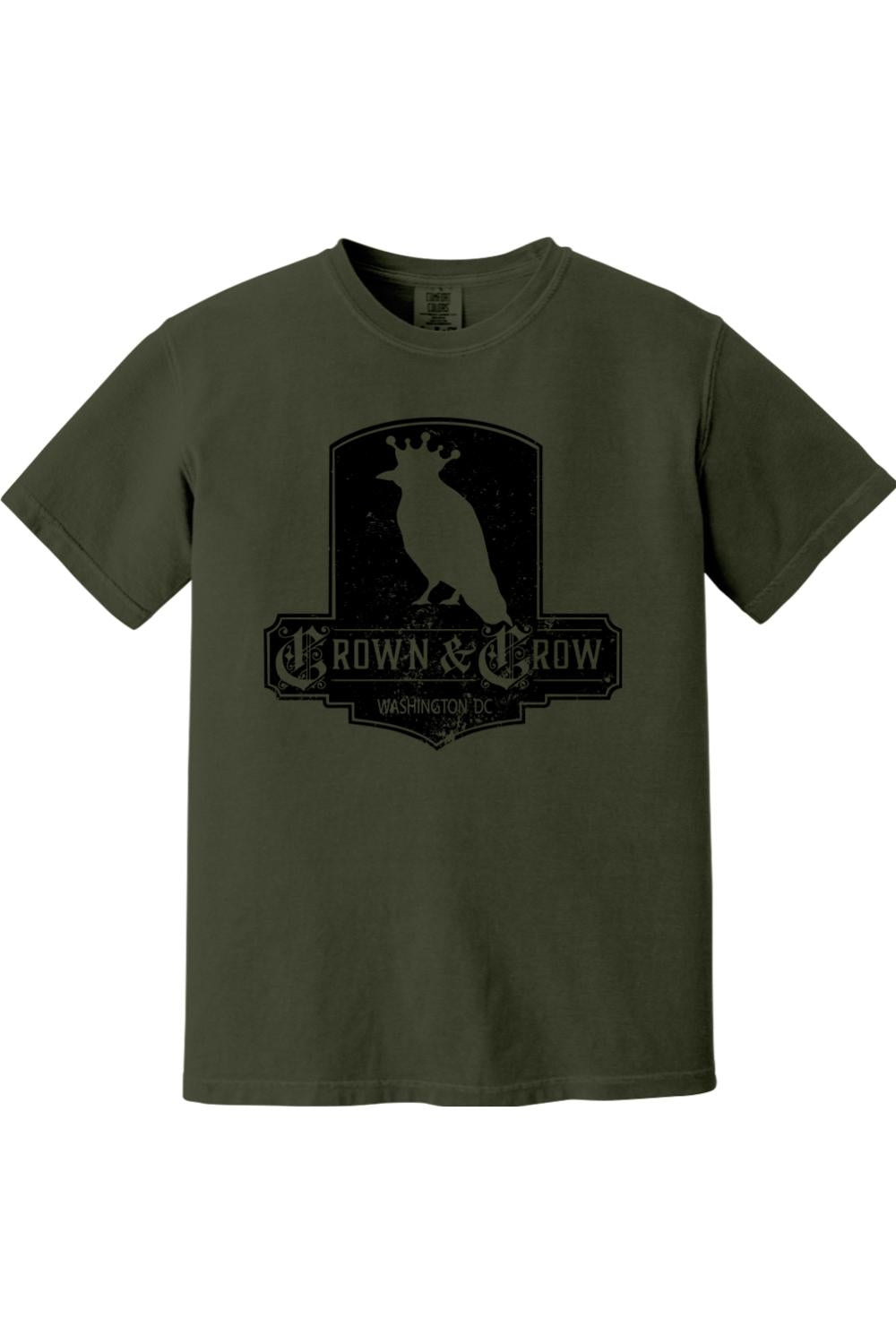 Olive green garment-dyed cotton t-shirt featuring a black distressed Crown & Crow logo graphic on the chest.