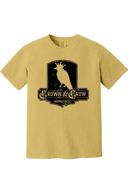Mustard yellow garment-dyed cotton t-shirt featuring a black distressed Crown & Crow Washington DC graphic.