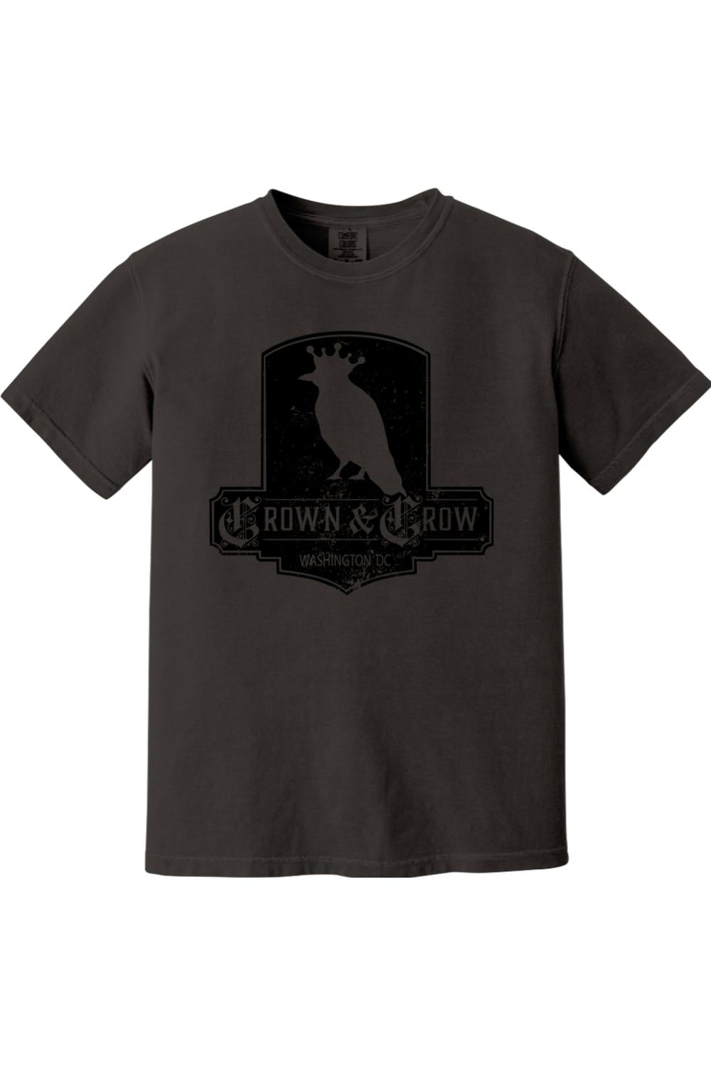 Black garment-dyed cotton t-shirt featuring a distressed Crown & Crow Washington DC graphic print.