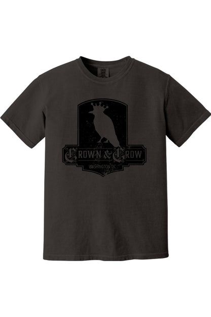 Black garment-dyed cotton t-shirt featuring a distressed Crown & Crow Washington DC graphic print.