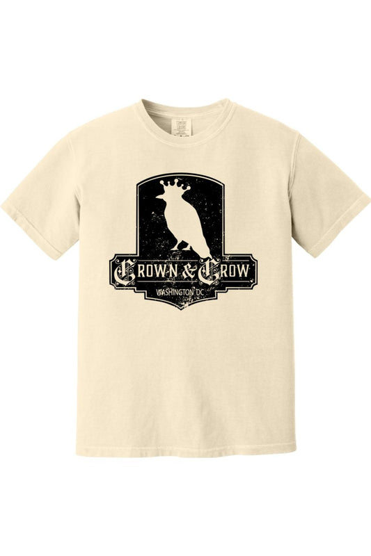 Cream-colored garment-dyed cotton t-shirt with a black distressed Crown & Crow Washington DC graphic print.