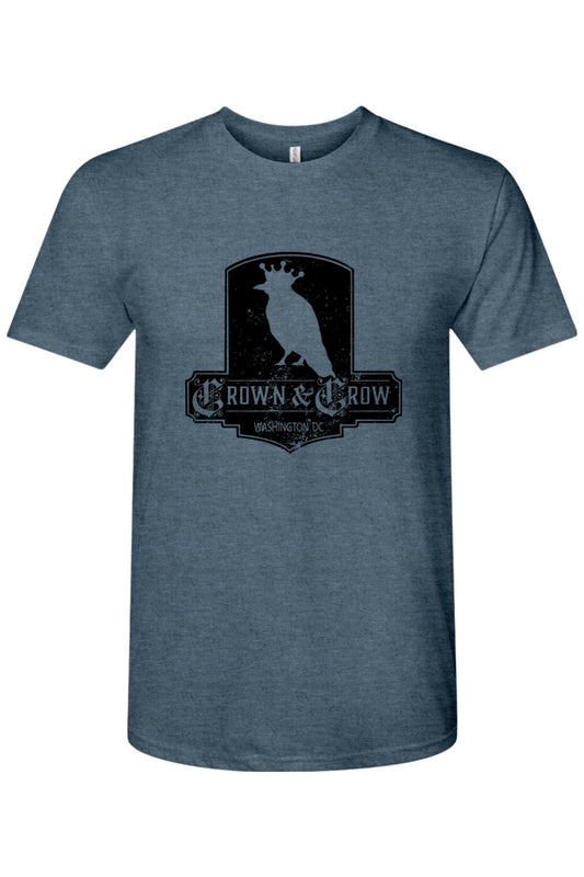 Dark heather blue tri-blend crew neck tee featuring a black Crown & Crow Washington DC graphic logo.