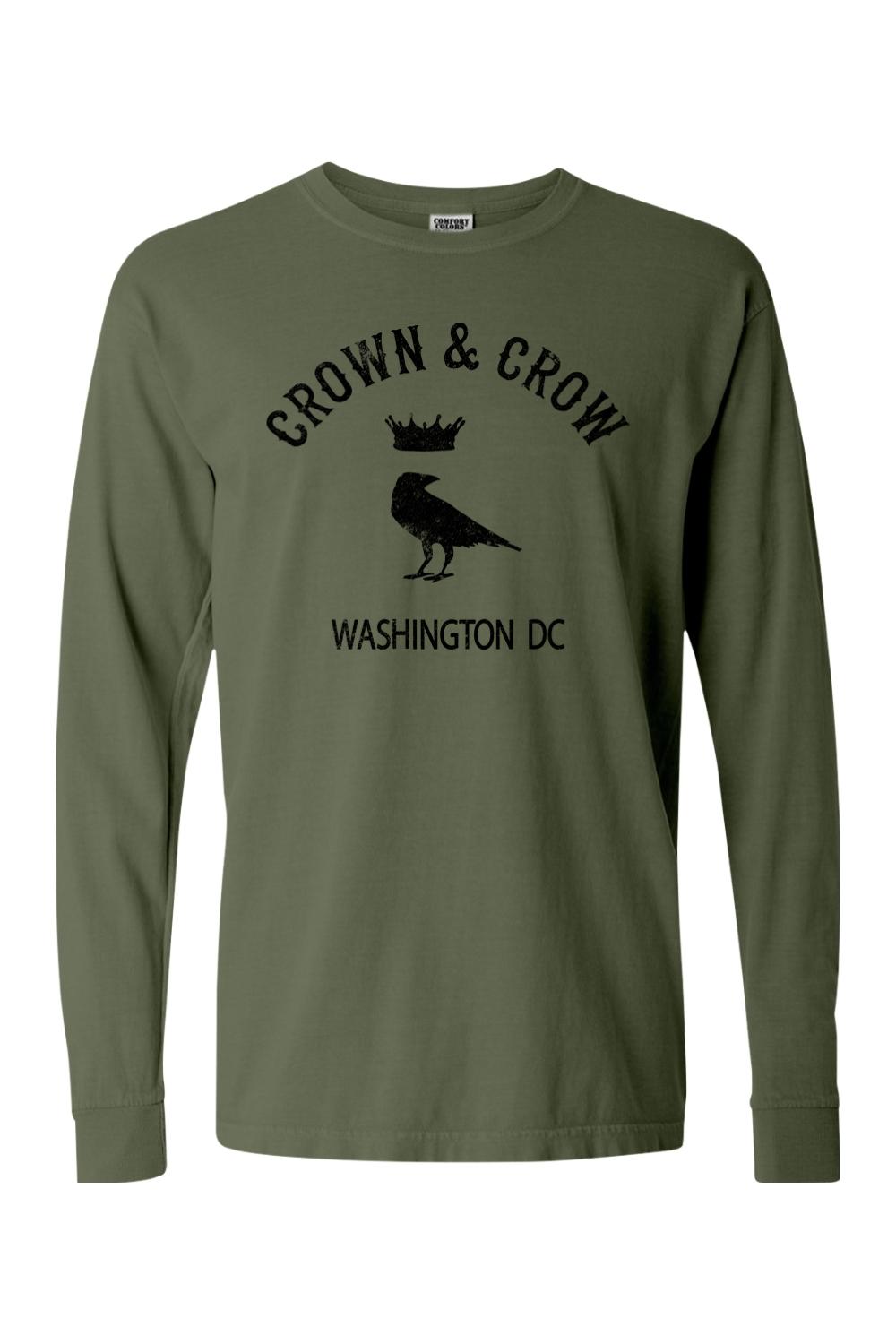 Olive green long sleeve cotton t-shirt featuring a black Crown & Crow logo with a crow and crown graphic.