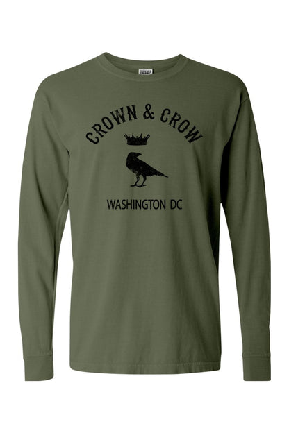 Olive green long sleeve cotton t-shirt featuring a black Crown & Crow logo with a crow and crown graphic.