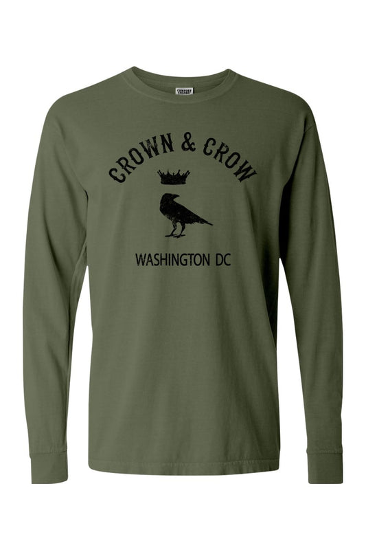 Olive green long sleeve cotton t-shirt featuring a black Crown & Crow logo with a crow and crown graphic.