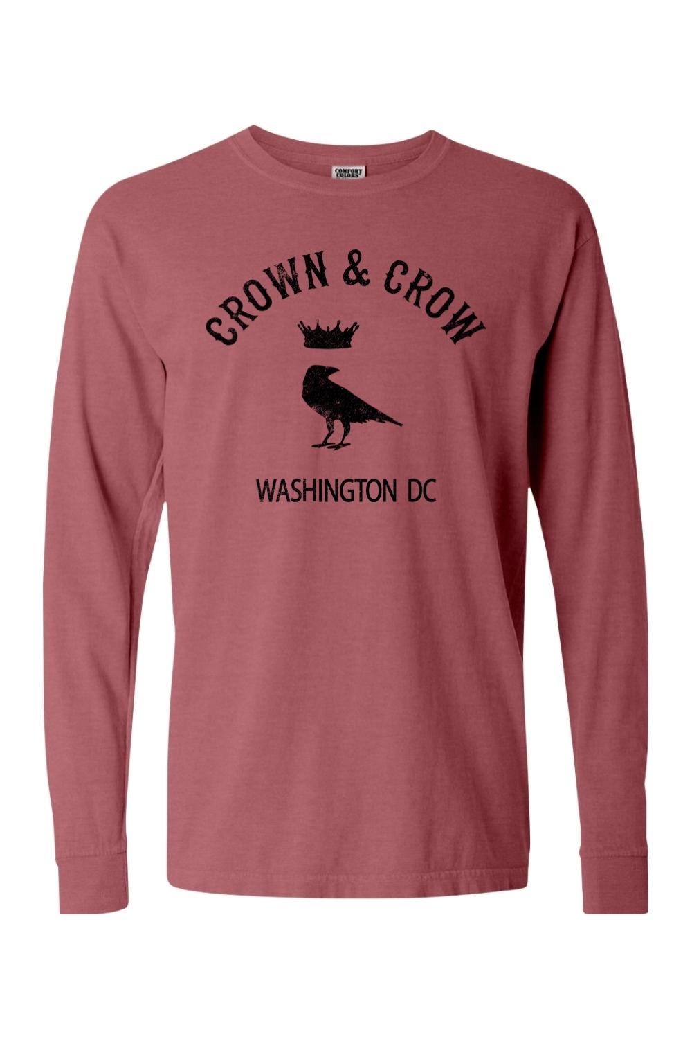 Red garment-dyed long sleeve cotton t-shirt with black Crown & Crow Washington DC graphic print.