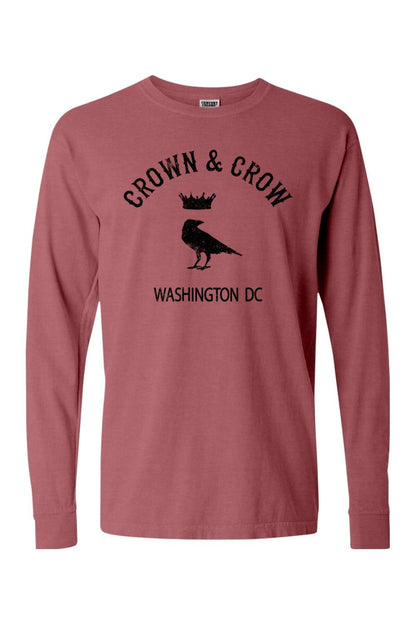 Red garment-dyed long sleeve cotton t-shirt with black Crown & Crow Washington DC graphic print.