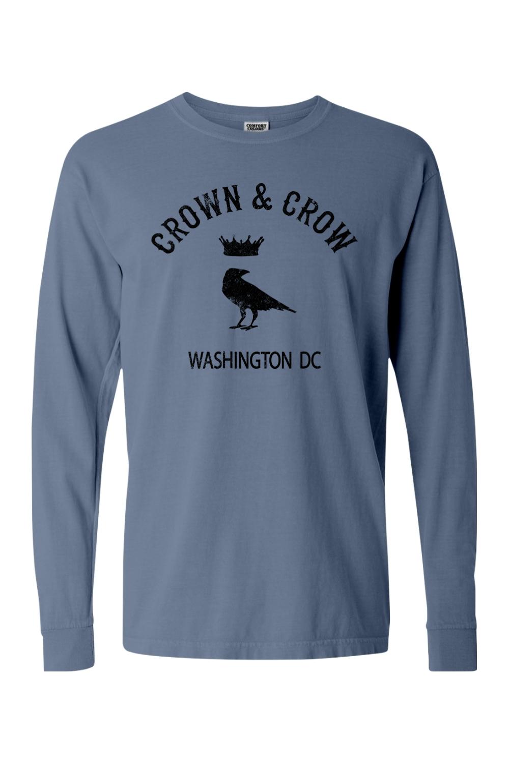 Blue garment-dyed long sleeve cotton t-shirt with black Crown & Crow Washington DC crow and crown graphic print.