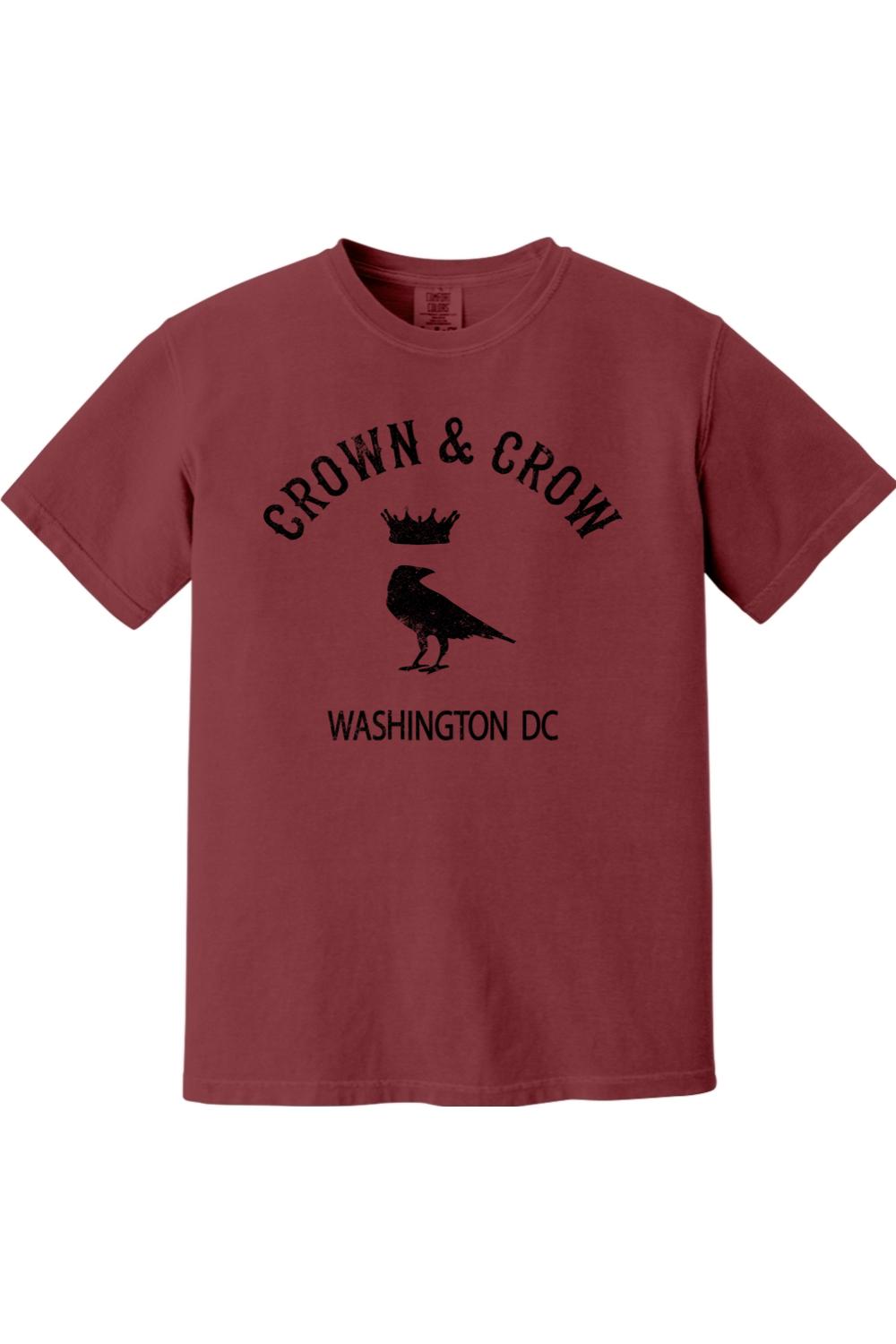Maroon garment-dyed unisex t-shirt featuring a black Crown & Crow logo with a crow and crown graphic and Washington DC text.