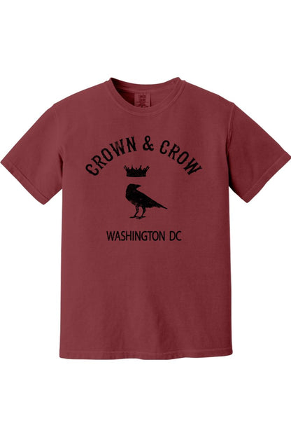 Maroon garment-dyed unisex t-shirt featuring a black Crown & Crow logo with a crow and crown graphic and Washington DC text.