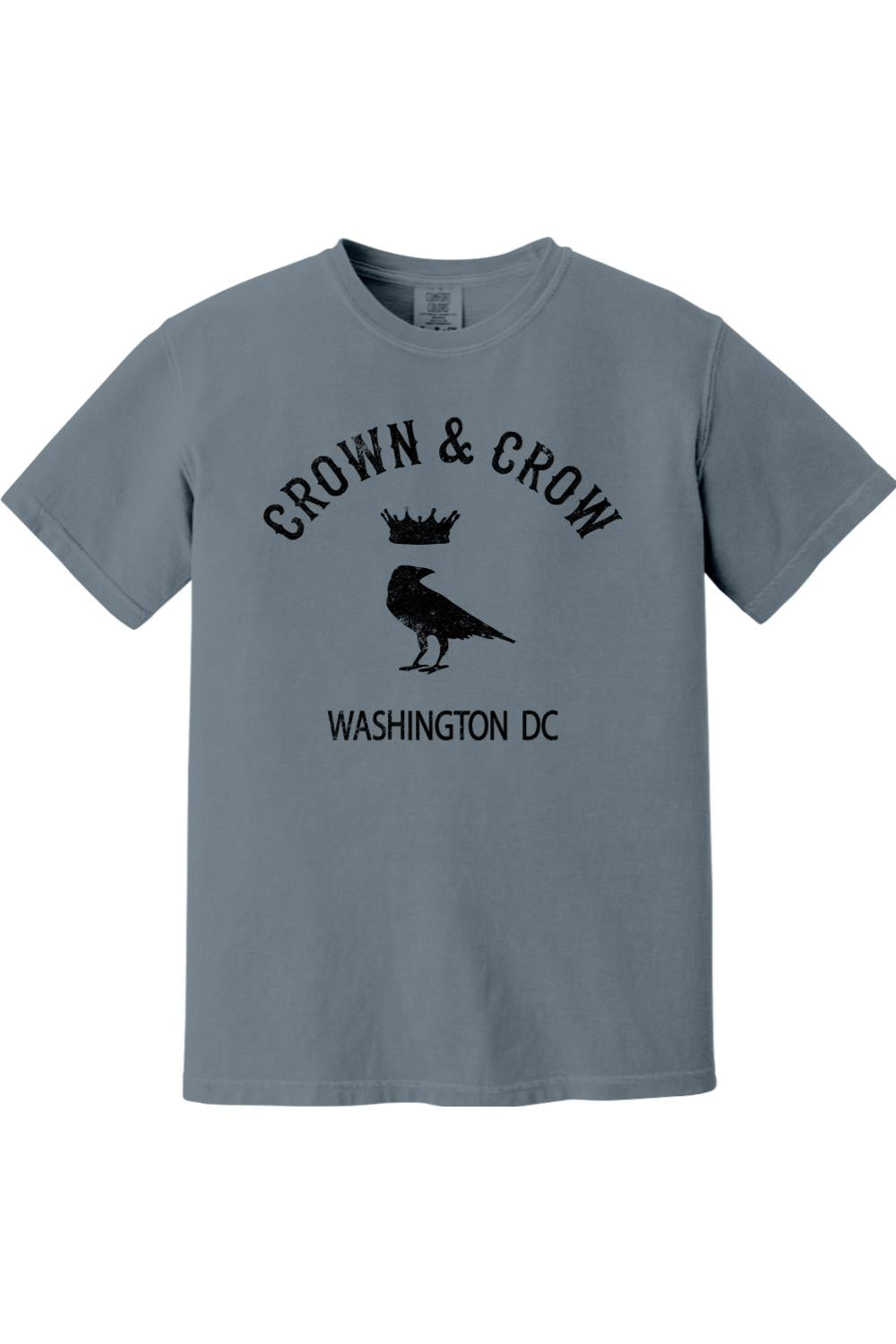 Black garment-dyed unisex t-shirt featuring a Crown & Crow graphic with a bird and Washington DC text.