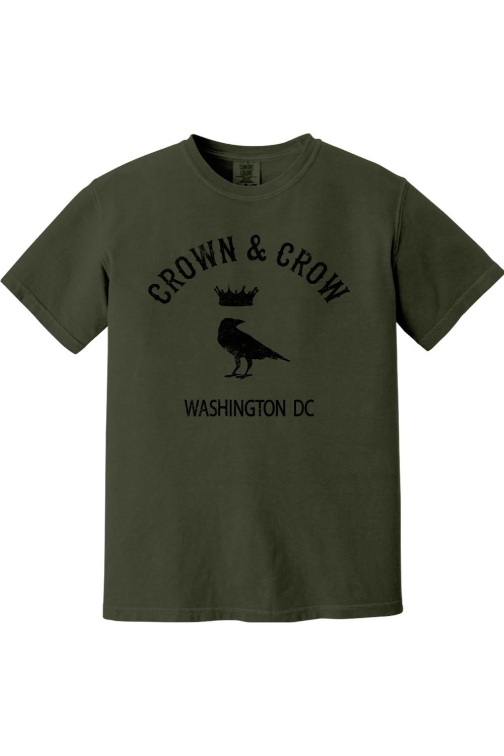 Olive green garment-dyed unisex t-shirt featuring a black Crown & Crow logo with a crow and crown graphic.