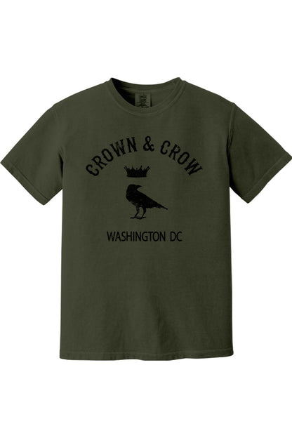 Olive green garment-dyed unisex t-shirt featuring a black Crown & Crow logo with a crow and crown graphic.