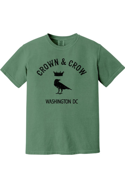 Green garment-dyed unisex t-shirt featuring a black Crown & Crow logo with a crow and crown graphic and Washington DC text.
