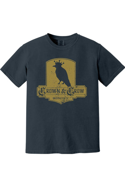 Dark grey garment-dyed cotton t-shirt featuring a distressed gold Crown & Crow logo with a crow graphic.
