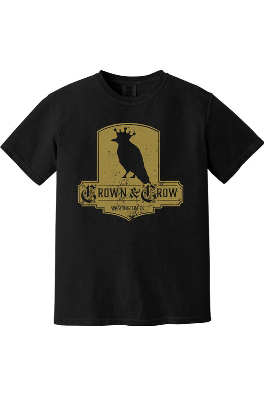 Black garment-dyed cotton t-shirt featuring a gold distressed Crown & Crow logo with a crow wearing a crown.