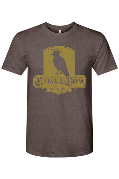 Brown tri-blend crew neck t-shirt featuring a distressed gold Crown & Crow logo graphic on the chest.