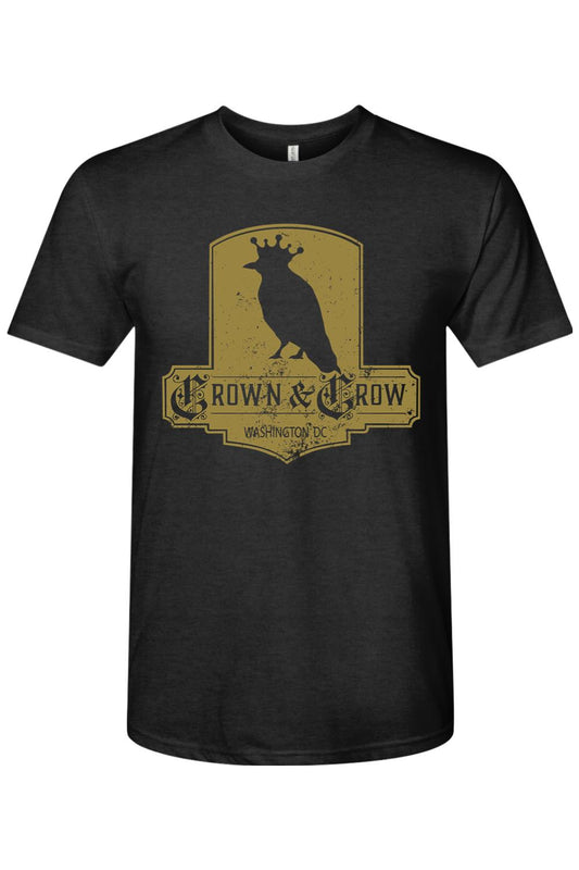 Black tri-blend crew neck t-shirt featuring a distressed gold Crown & Crow logo graphic on the chest.