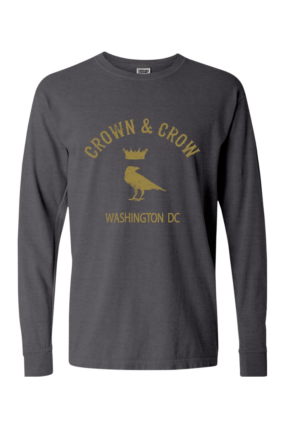 Charcoal grey garment-dyed long sleeve cotton t-shirt with a gold Crown & Crow Washington DC graphic print.