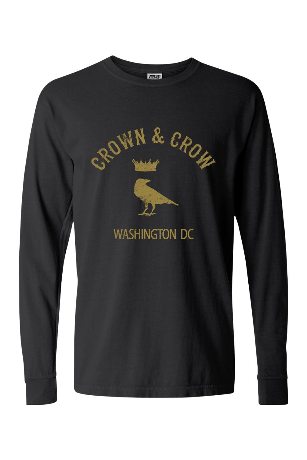Black long-sleeve cotton t-shirt featuring a gold distressed Crown & Crow logo with Washington DC text.